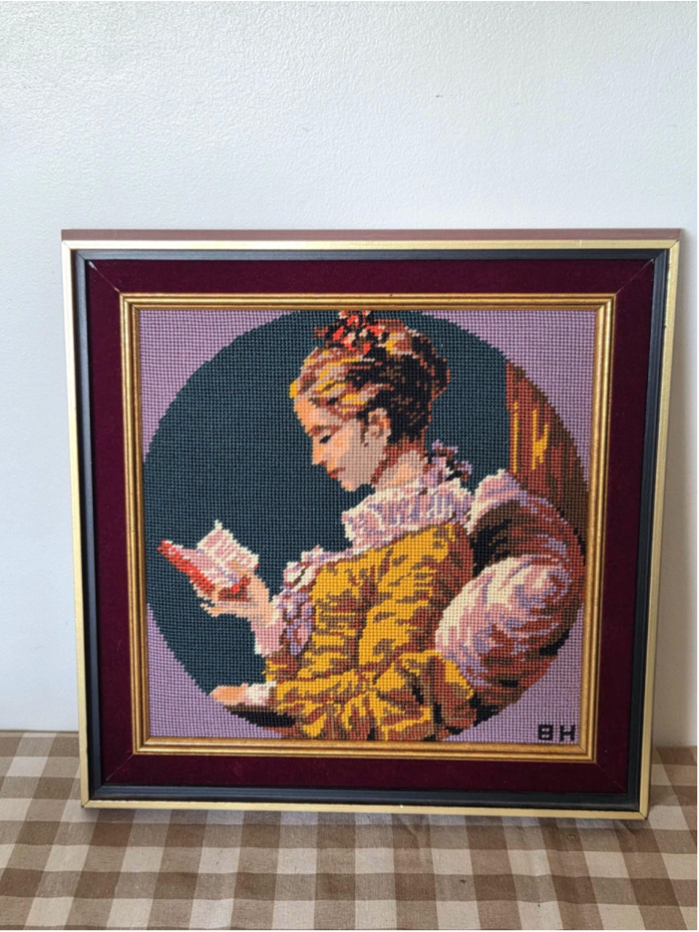 Vintage 1979 Fragonard Young Girl Reading Needlepoint Tapestry Wall Art
